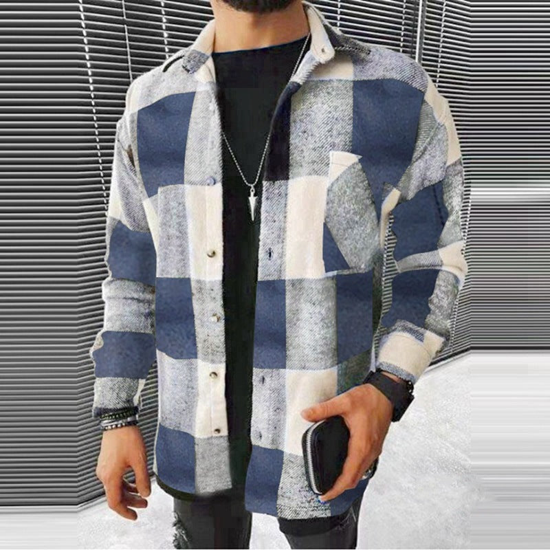 New Men's Color Matching Plaid Printed Shirt