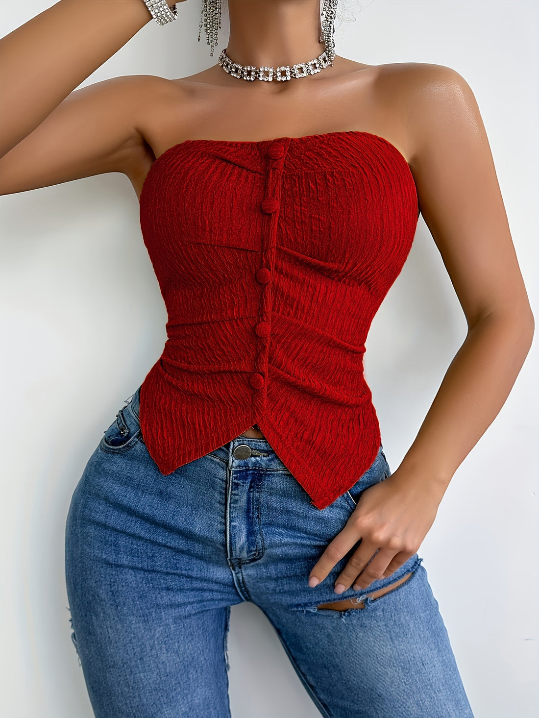 Vibrant Textured Button Decor Tube Top