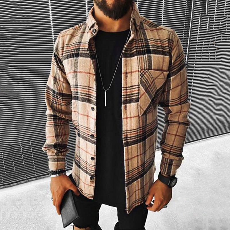 New Men's Color Matching Plaid Printed Shirt