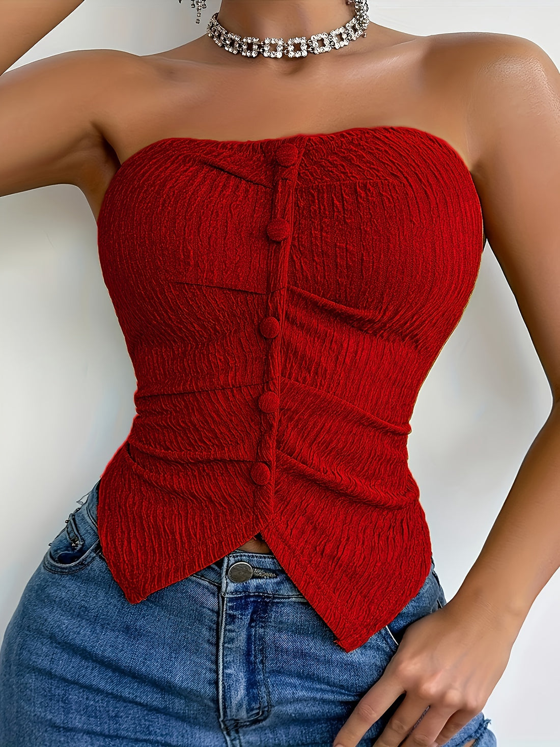 Vibrant Textured Button Decor Tube Top