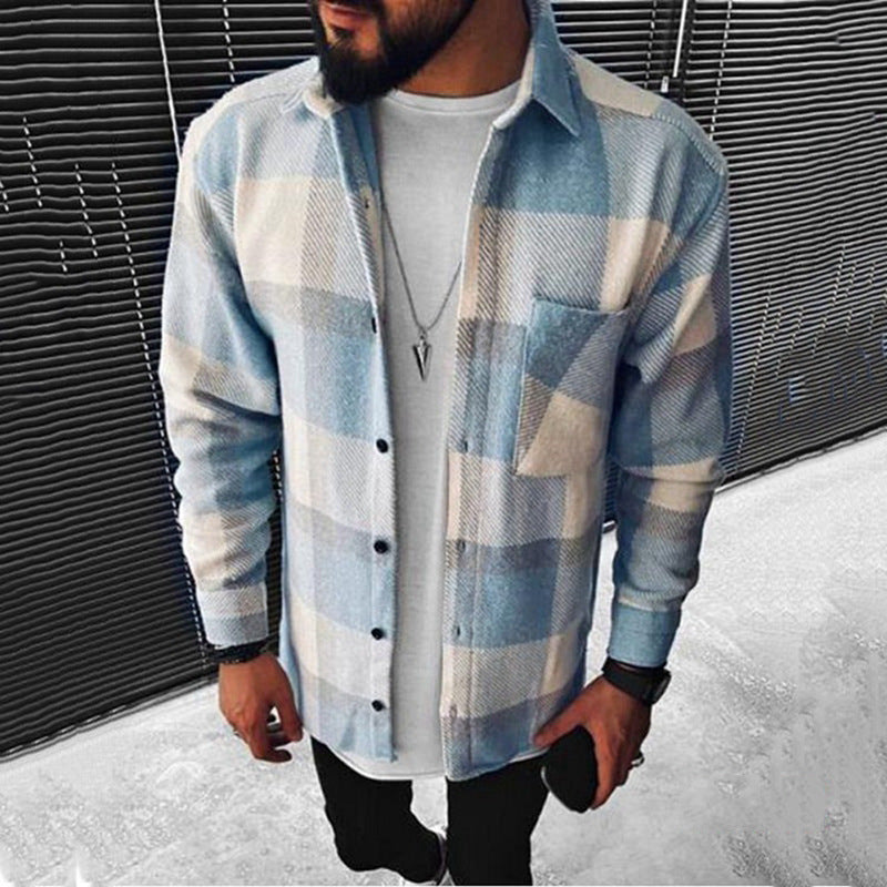 New Men's Color Matching Plaid Printed Shirt