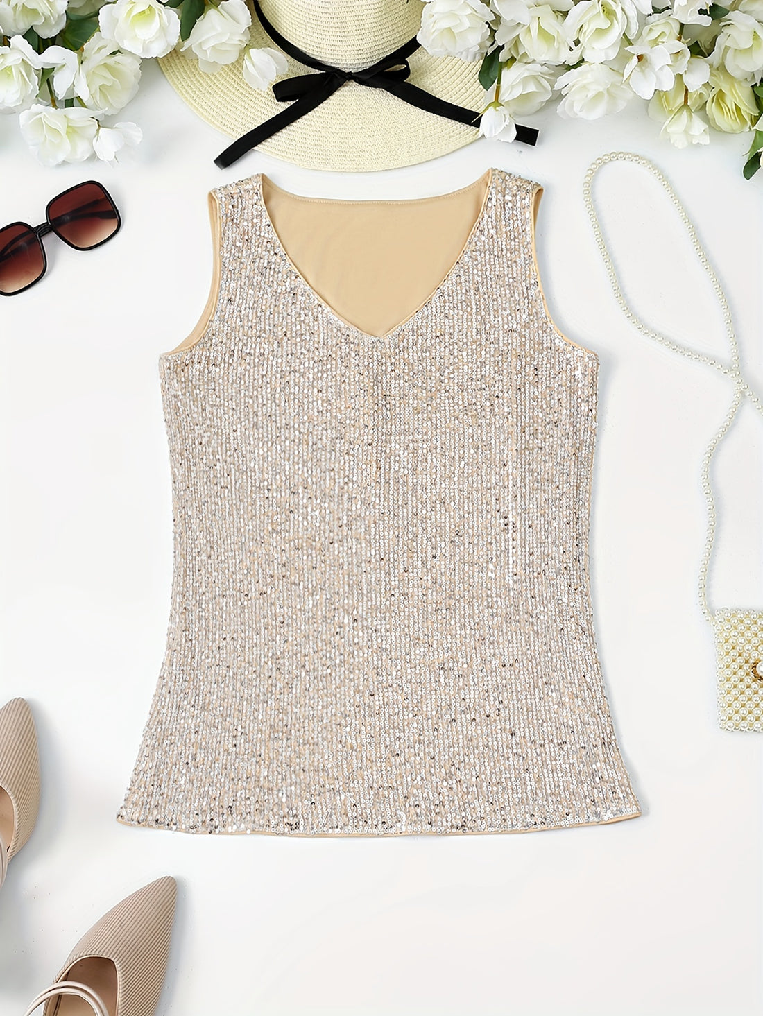 Sequined V Neck Tank Top, Elegant Sleeveless Tank Top