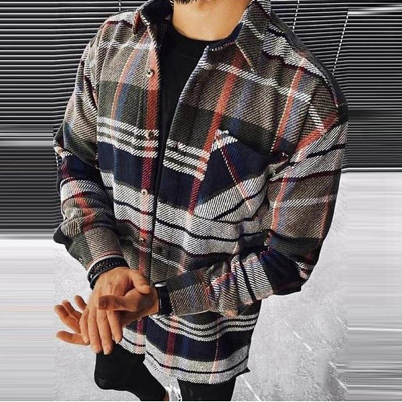 New Men's Color Matching Plaid Printed Shirt