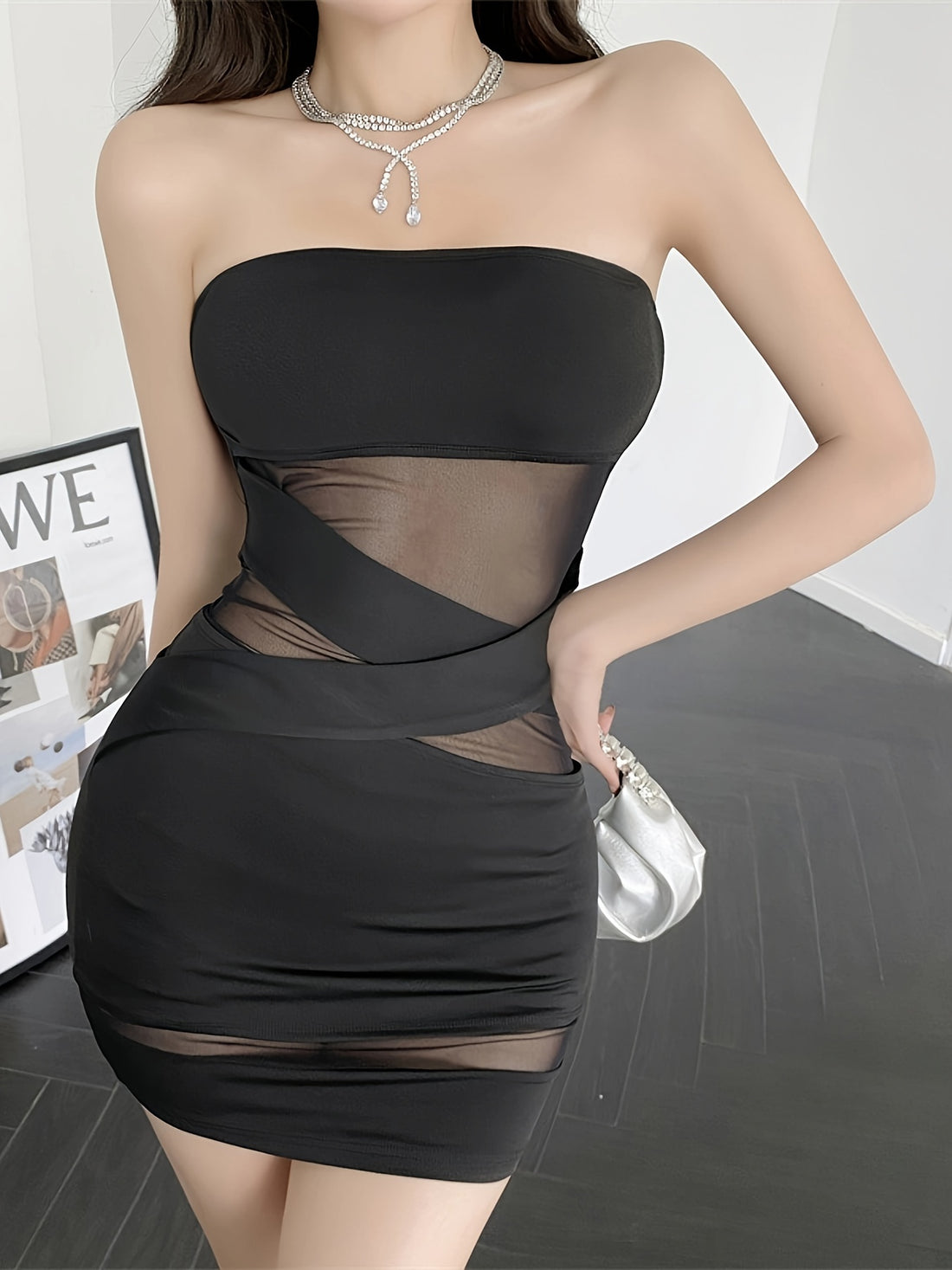 Sleek Off-Shoulder Sheer Mesh Panel Bodycon Mini Dress