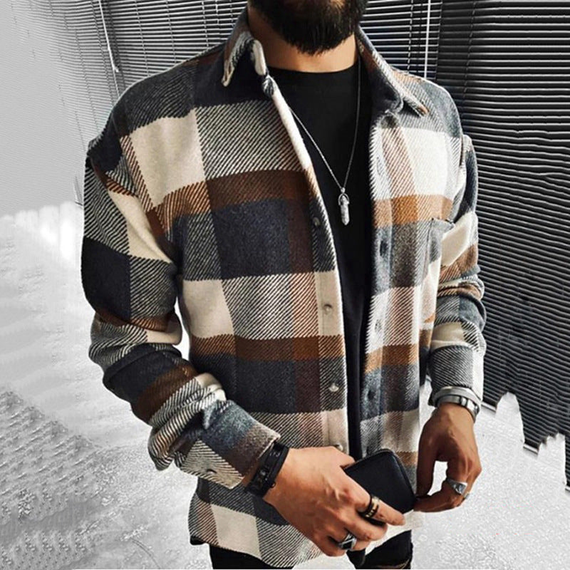 New Men's Color Matching Plaid Printed Shirt