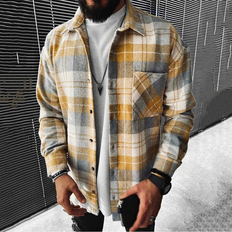 New Men's Color Matching Plaid Printed Shirt